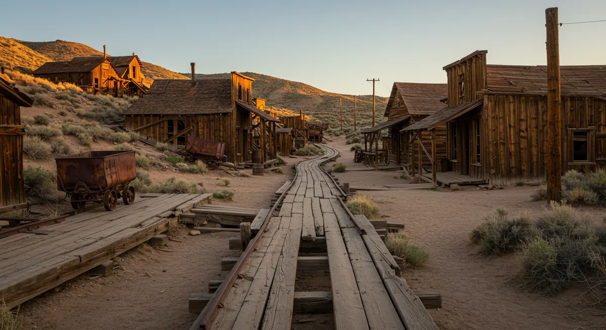 Old wooden structures in a Wild West mining ghost town