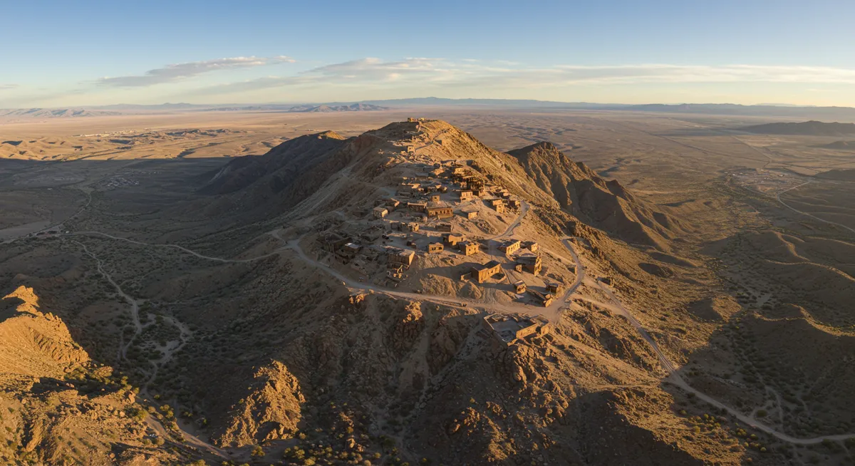 Panoramic view from Cerro Gordo showing the mining town against the backdrop of Owens Valley