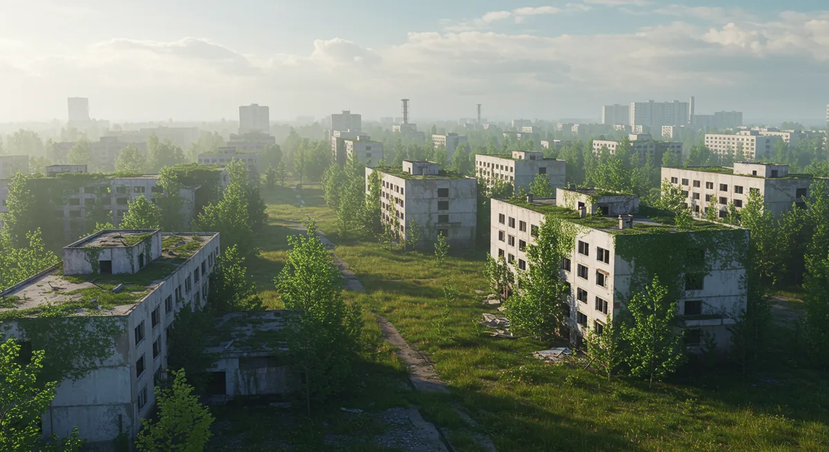 Abandoned buildings in Pripyat near Chernobyl with nature reclaiming the structures