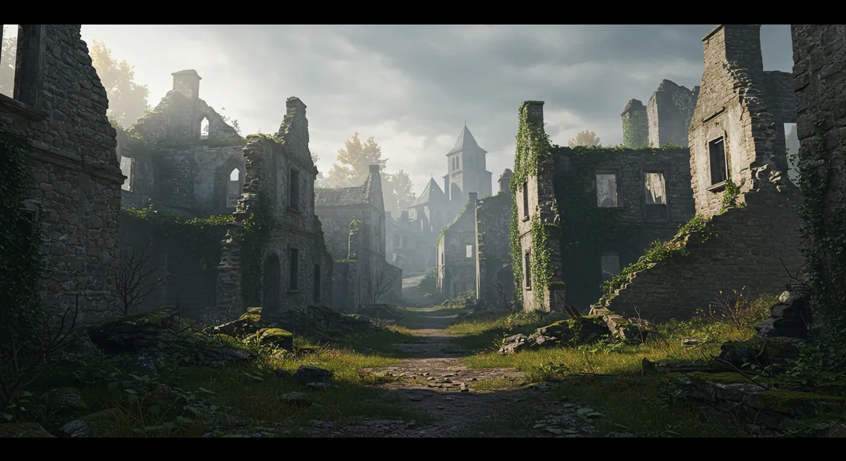 Ruins of an abandoned medieval village in Europe with stone structures