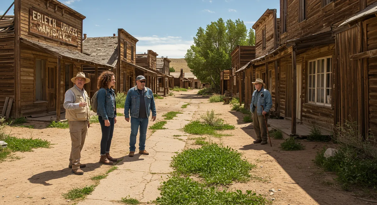 A group with a guide exploring a historic ghost town