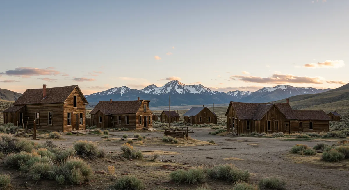 Abandoned buildings in a historic ghost town with mountains in the background