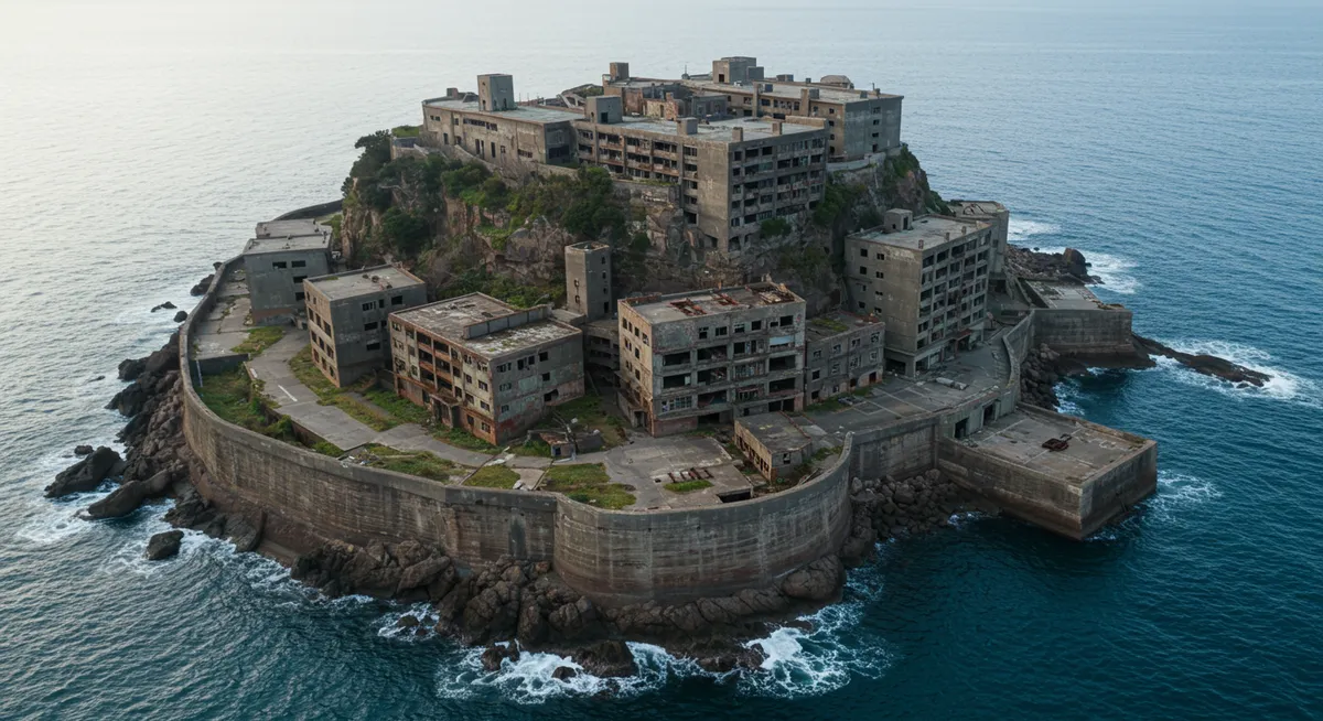 Aerial view of abandoned Hashima Island (Gunkanjima) in Japan