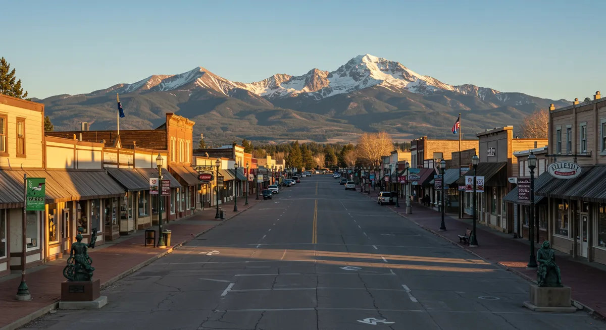 Joseph, Oregon's main street with bronze sculptures and the Wallowa Mountains in the background