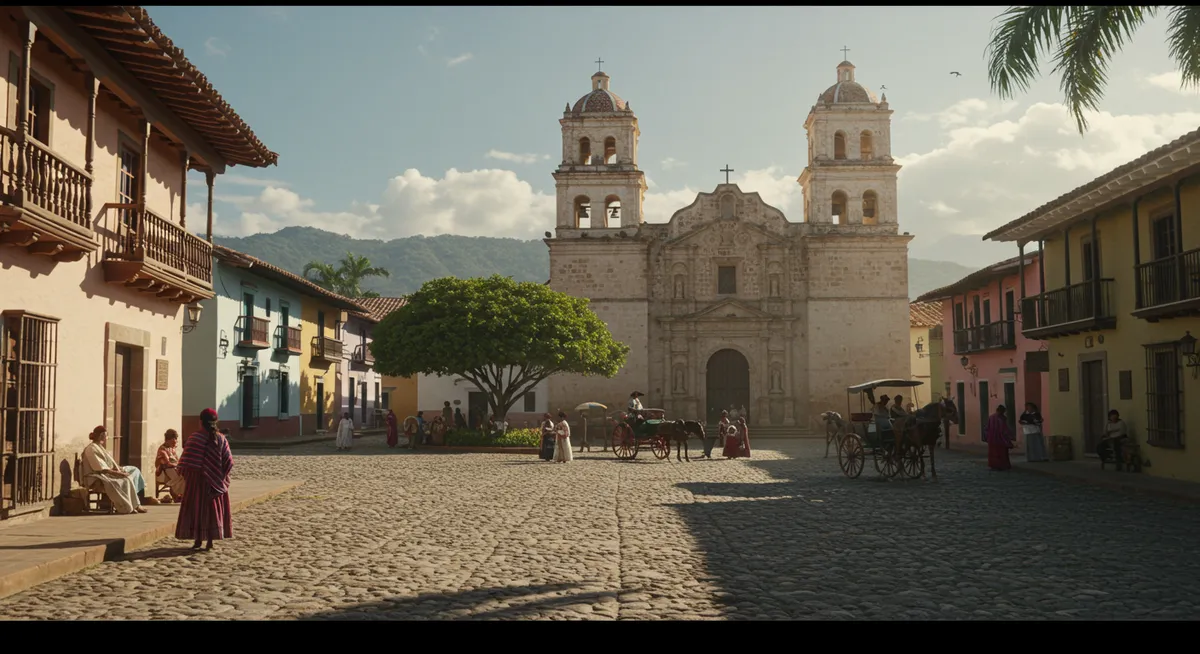 Colonial Latin American town with cobblestone plaza and church