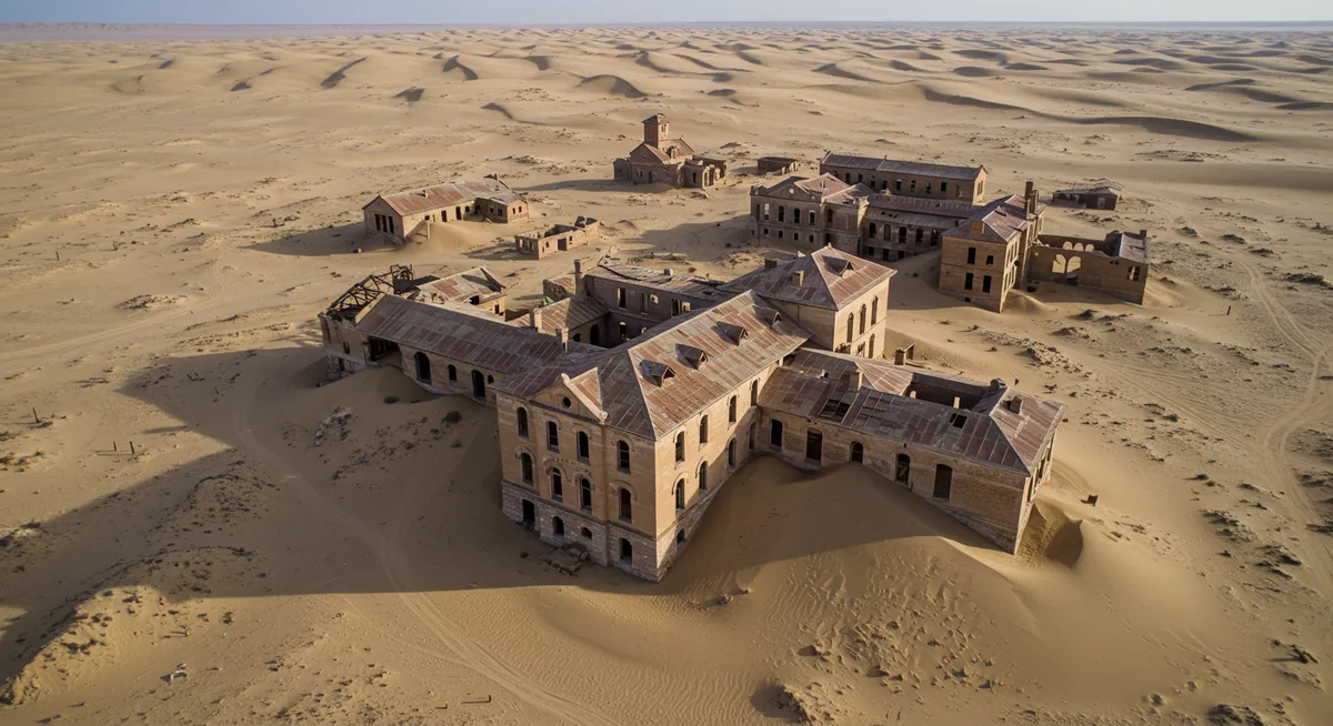 Sand-filled abandoned buildings in Kolmanskop, Namibia