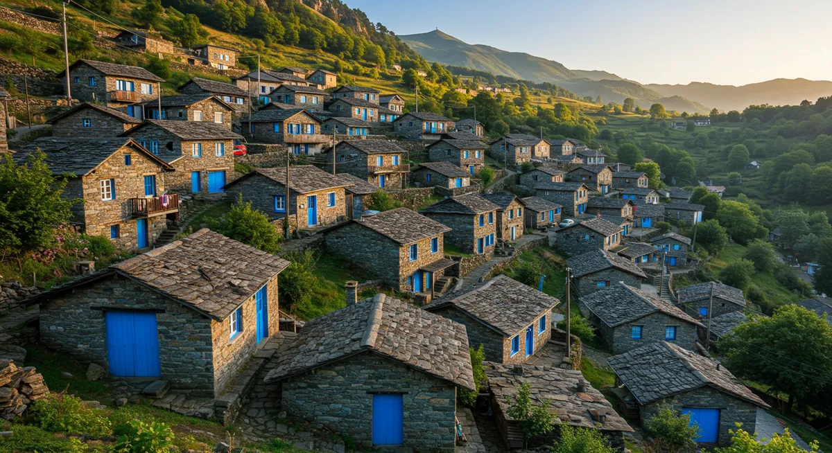 Piódão's uniformly built schist houses with blue doors and windows cascading down the mountainside