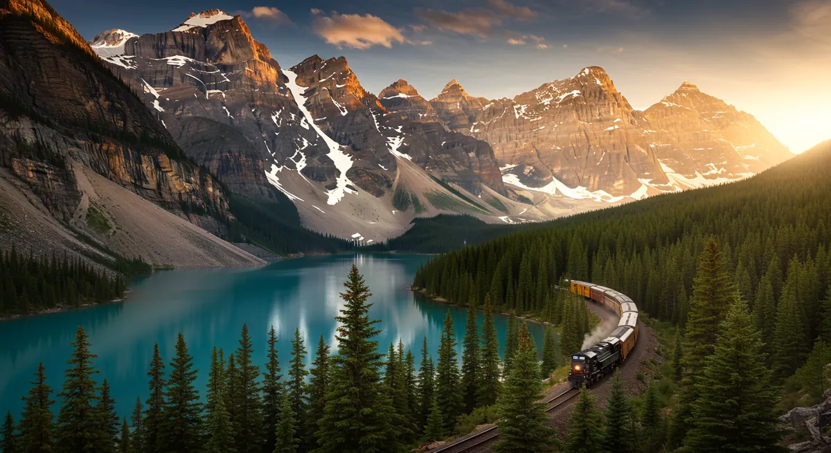 Luxury train passing through Canadian Rockies with mountains and lake views