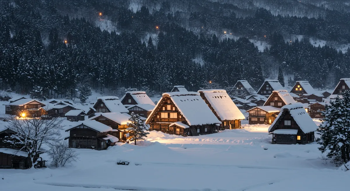 Snow-covered gasshō-zukuri houses in Shirakawa-gō illuminated at night