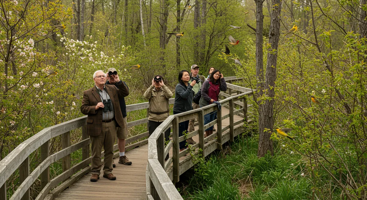 Group of birdwatchers on boardwalk trail observing colorful spring warblers