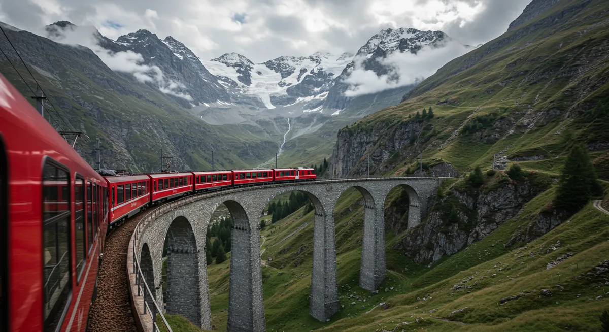 Red Swiss train crossing a dramatic mountain viaduct