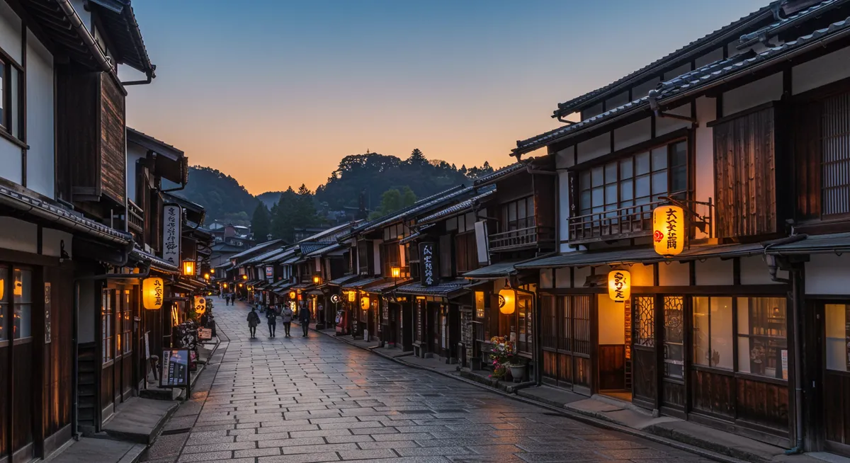 Wooden buildings lining the main street of Tsumago with traditional lanterns